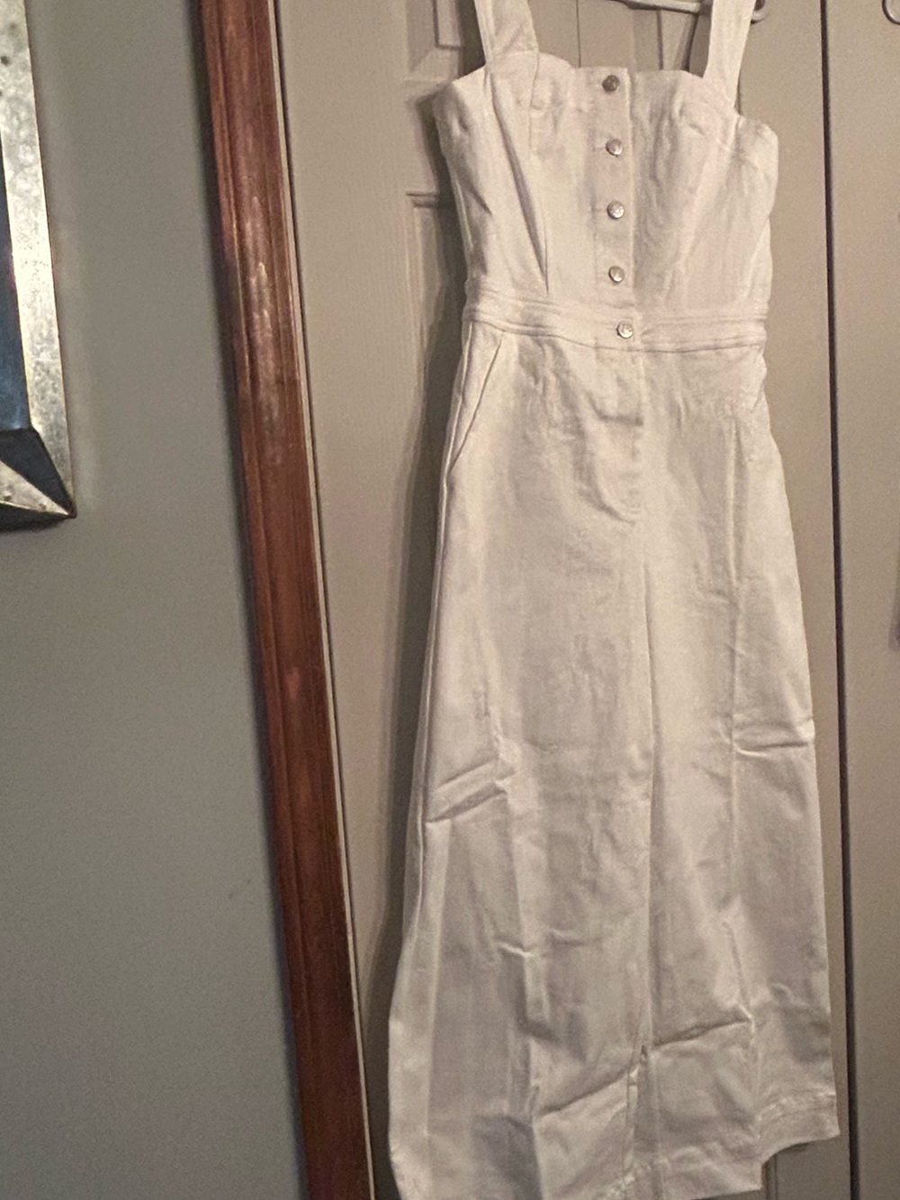 white birch White Button-Front Jump Suit Jean material with Wide Straps